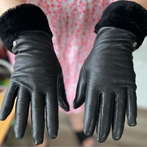 UGG Black Leather Gloves with Fur Trim